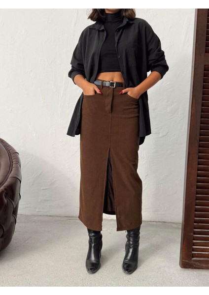 Fitilli Kadife Önden Yırtmaçlı Midi Kadın Etek modelleri