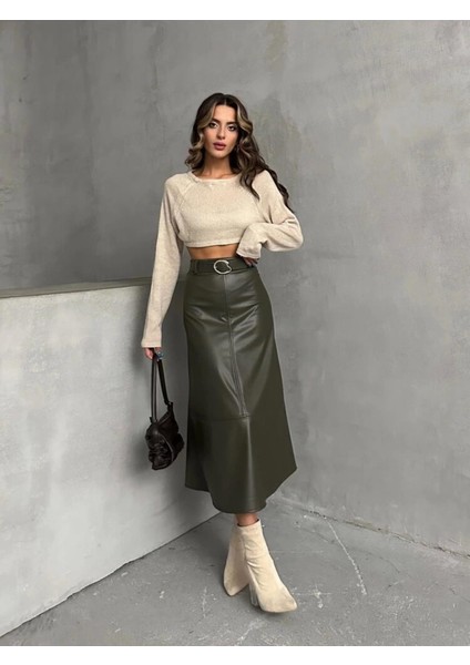 Bir Beden Küçük Alınız - Haki Suni Deri Midi Etek fiyatları