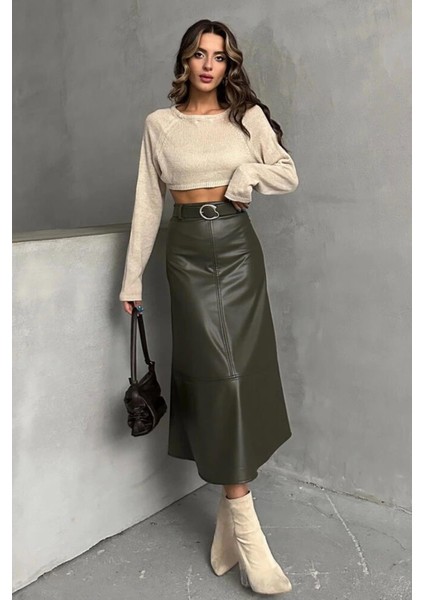 Bir Beden Küçük Alınız - Haki Suni Deri Midi Etek modelleri