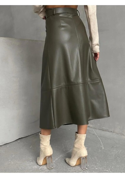 Bir Beden Küçük Alınız - Haki Suni Deri Midi Etek fırsatları