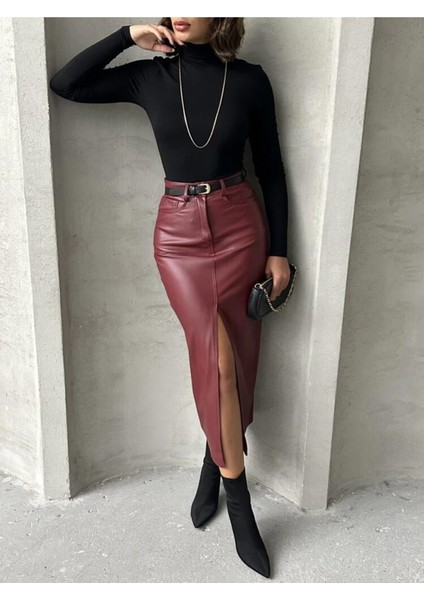 Bordo Suni Deri Önden Yırtmaçlı Midi Kadın Etek