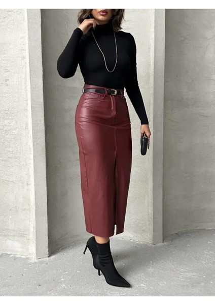 Bordo Suni Deri Önden Yırtmaçlı Midi Kadın Etek fiyatları