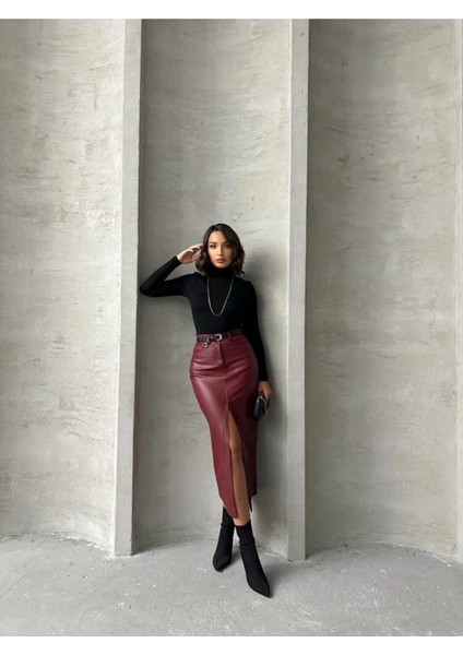 Bordo Suni Deri Önden Yırtmaçlı Midi Kadın Etek modelleri