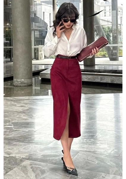 Bordo Süet Önden Yırtmaçlı Midi Deri Etek fiyatları