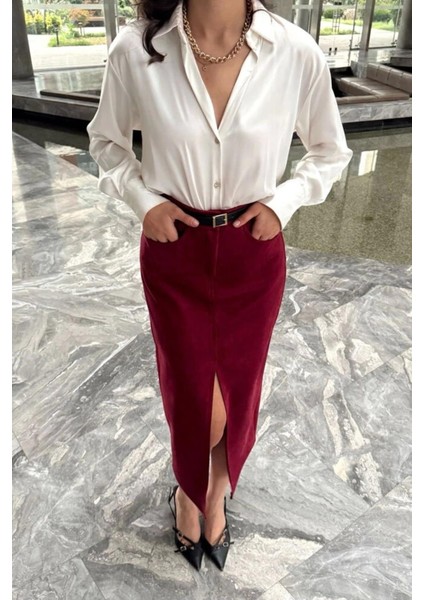 Bordo Süet Önden Yırtmaçlı Midi Deri Etek fırsatları