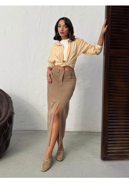 Fitilli Kadife Önden Yırtmaçlı Midi Kadın Etek