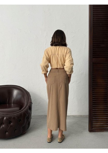 Fitilli Kadife Önden Yırtmaçlı Midi Kadın Etek modelleri