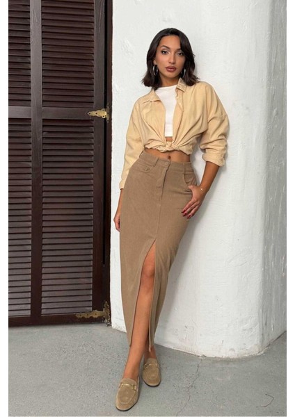 Fitilli Kadife Önden Yırtmaçlı Midi Kadın Etek fırsatları