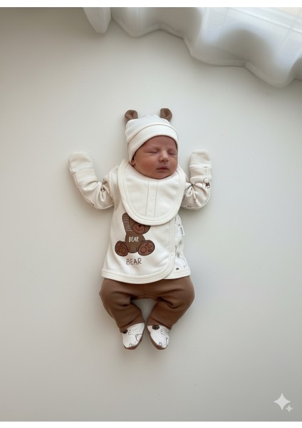 Yenidoğan Sevimli Ayıcıklı Erkek Bebek Hastane Çıkışı Takımı Pamuklu 5 Li Bebek Giyim Seti