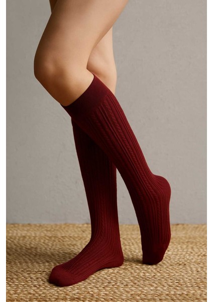 Kadın Örgü Desenli Kışlık 200 Den Knıt Bordo Dizaltı Çorap modelleri