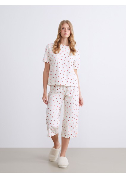 Yeni Sezon Beli Lastikli Desenli Kadın Kapri Pijama Altı