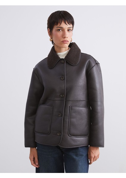 Yeni Sezon Pelüş Gömlek Yaka Kadın Deri Görünümlü Mont