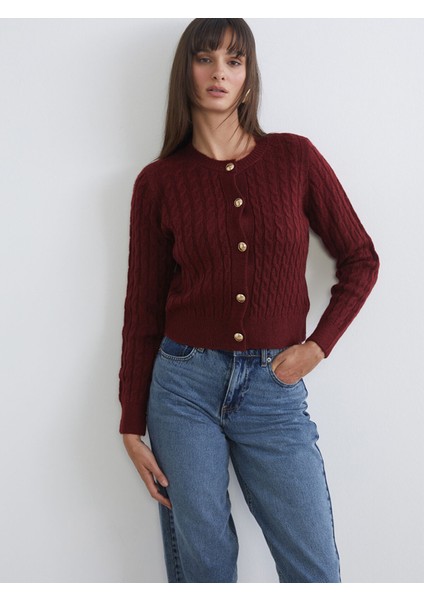 Yeni Sezon Bisiklet Yaka Kendinden Desenli Kadın Triko Hırka