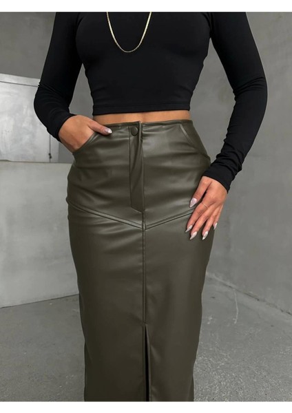 Haki Suni Deri Önden Yırtmaçlı Midi Etek fırsatları