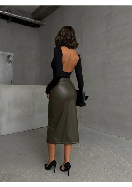 Haki Suni Deri Önden Yırtmaçlı Midi Etek indirimleri