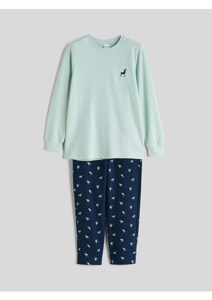 Yeni Sezon Baskılı Waffle Erkek Çocuk Pijama Takımı