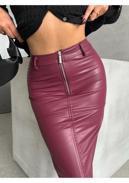 Kahverengi Suni Deri Arkadan Yırtmaçlı Midi Etek fiyatları