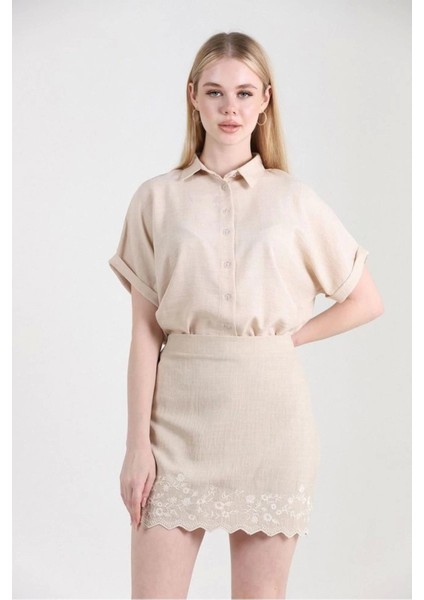 Nakışlı Taş Rengi Keten Kadın Mini Etek