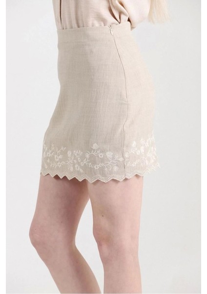 Nakışlı Taş Rengi Keten Kadın Mini Etek fiyatları