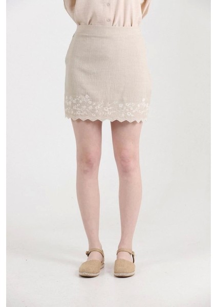 Nakışlı Taş Rengi Keten Kadın Mini Etek modelleri