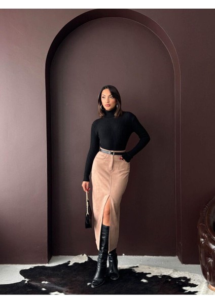 Vizon Süet Önden Yırtmaçlı Midi Etek