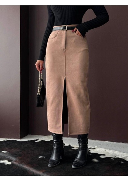 Vizon Süet Önden Yırtmaçlı Midi Etek fırsatları