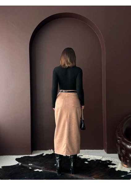 Vizon Süet Önden Yırtmaçlı Midi Etek indirimleri