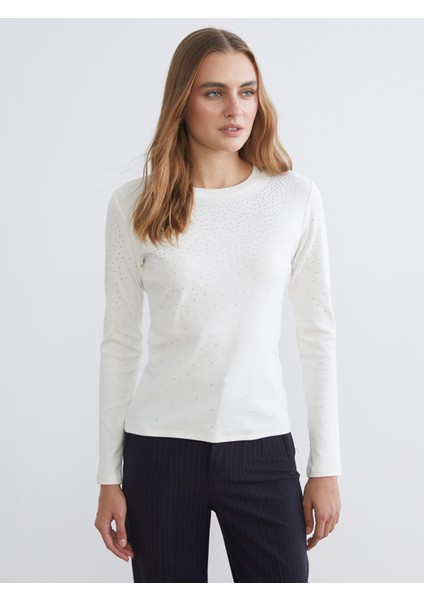 Yeni Sezon Bisiklet Yaka Taşlı Kadın Tişört