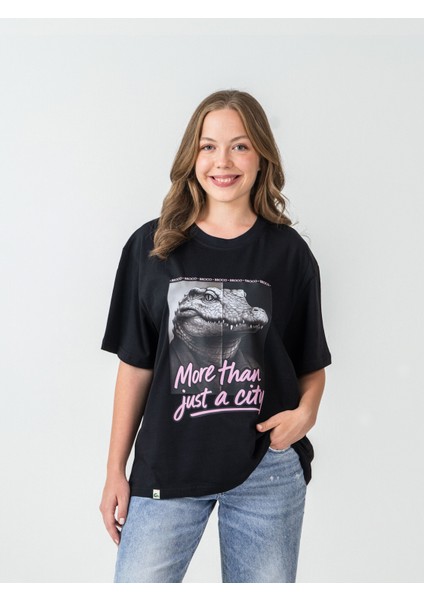 Unisex Erkek/kadın Oversize Bisiklet Yaka %100 Pamuk Pink Croco Baskılı T-Shirt