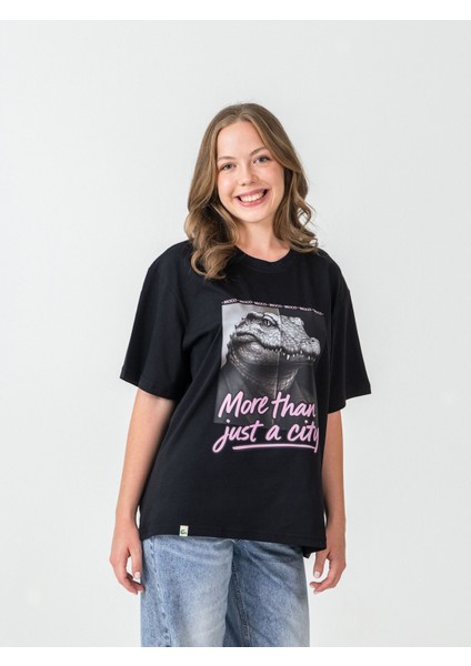 Unisex Erkek/kadın Oversize Bisiklet Yaka %100 Pamuk Pink Croco Baskılı T-Shirt fırsatları