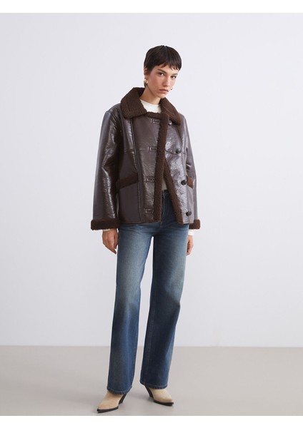 Yeni Sezon Pelüş Gömlek Yaka Kadın Deri Görünümlü Mont fiyatları