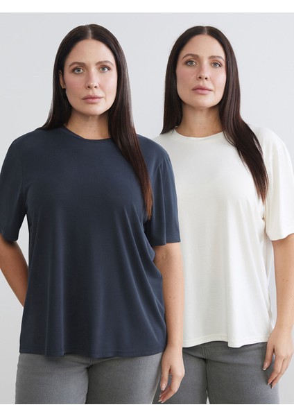 Yeni Sezon Büyük Beden Bisiklet Yaka Kadın Tişört 2'li