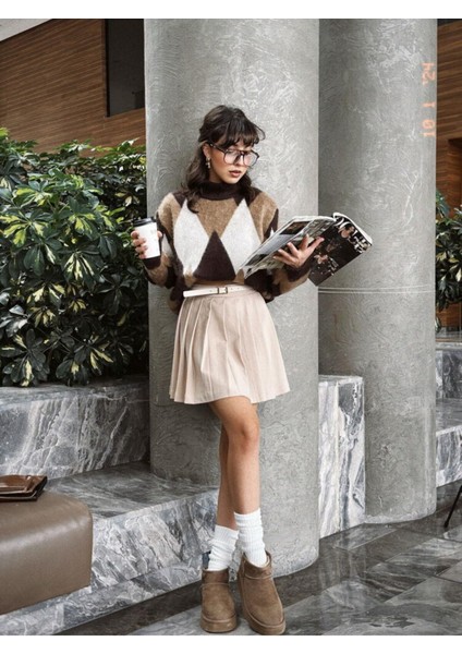 Kahverengi Baklava Desenli Triko Kadın Kazak modelleri