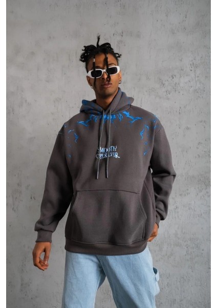 Erkek Yıldırım Baskılı Kapşonlu Sweatshirt - Gri fırsatları