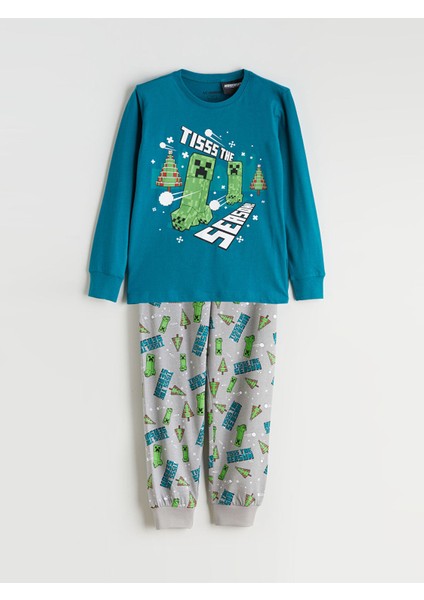 Yeni Sezon Bisiklet Yaka Minecraft Baskılı Erkek Çocuk Pijama Takımı
