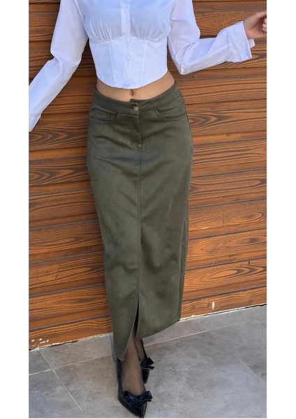 Haki Süet Önden Yırtmaçlı Midi Etek