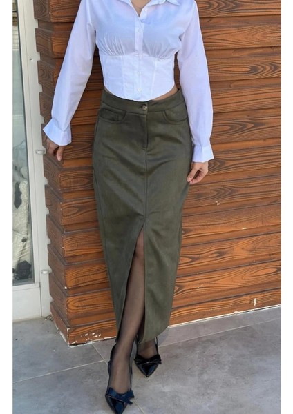 Haki Süet Önden Yırtmaçlı Midi Etek fiyatları