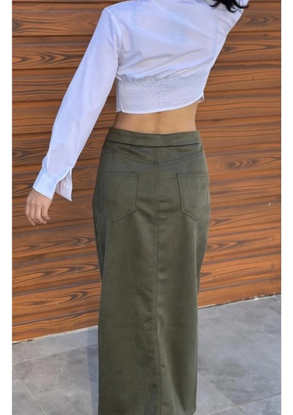 Haki Süet Önden Yırtmaçlı Midi Etek modelleri