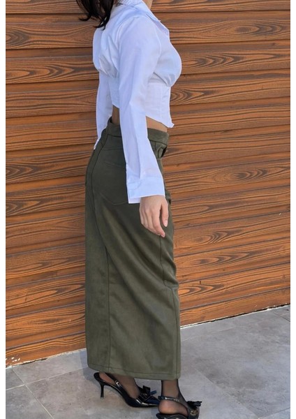 Haki Süet Önden Yırtmaçlı Midi Etek fırsatları