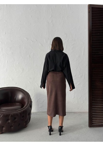 Kahve Süet Önden Yırtmaçlı Midi Etek fiyatları