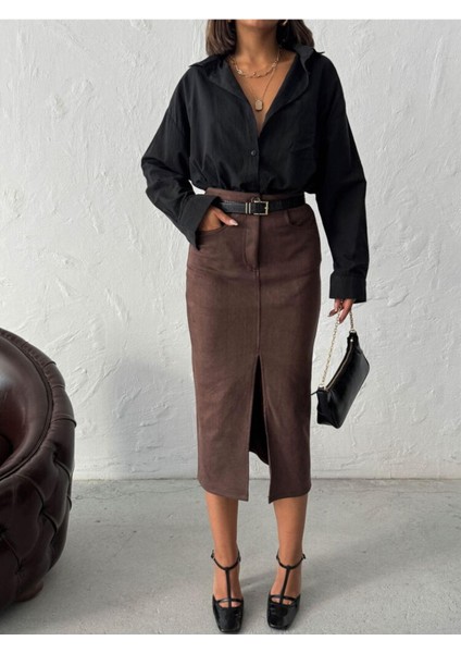 Kahve Süet Önden Yırtmaçlı Midi Etek fırsatları