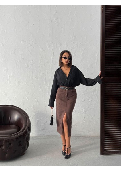 Kahve Süet Önden Yırtmaçlı Midi Etek indirimleri