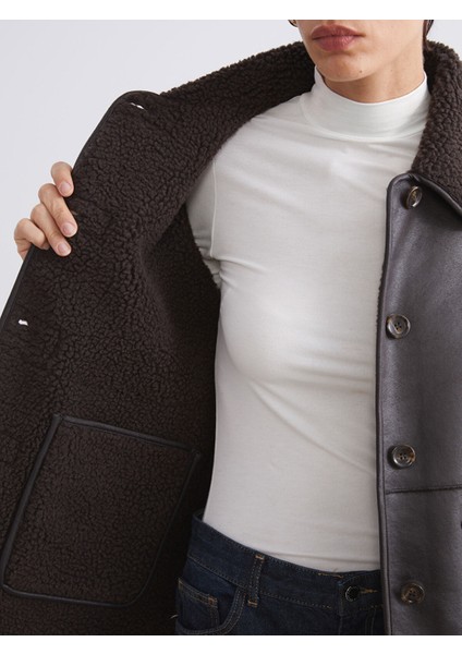 Yeni Sezon Pelüş Gömlek Yaka Kadın Deri Görünümlü Mont indirimleri