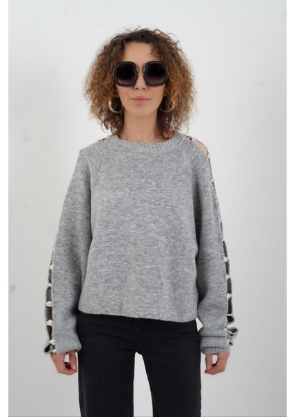 Gri Aksesuar Detaylı Yün Karışımlı Triko Kazak modelleri