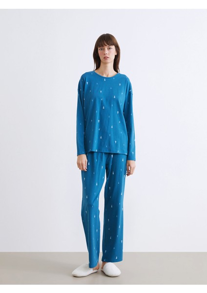 Yeni Sezon Bisiklet Yaka Yılbaşı Temalı Kadın Pijama Takımı