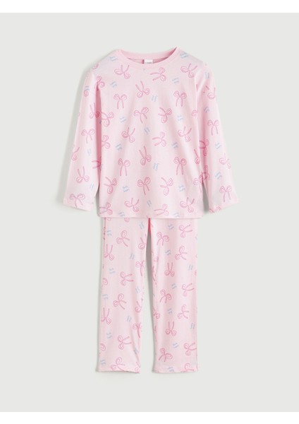 Yeni Sezon Bisiklet Yaka Fiyonk Baskılı Kız Çocuk Pijama Takımı