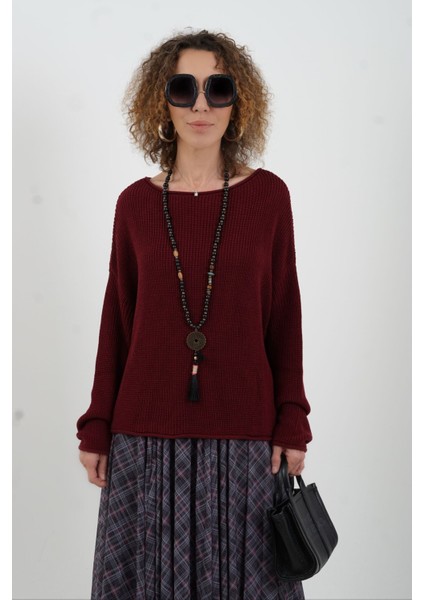 Bordo Kayık Yaka Basic Triko Kazak