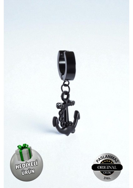 Sıkıştırmalı Mıknatıslı Çapa Model Sallantılı Erkek 316L Çelik Küpe 1 Adet
