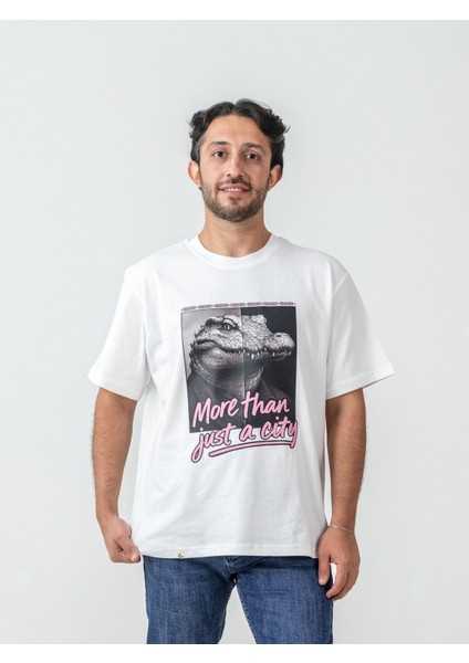 Unisex Erkek/kadın Oversize Bisiklet Yaka %100 Pamuk Pink Croco Baskılı T-Shirt