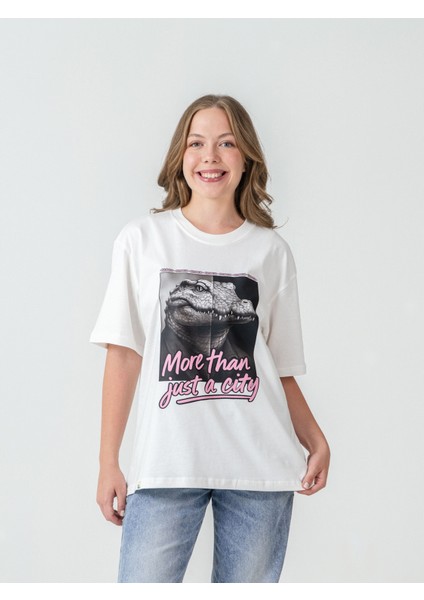 Unisex Erkek/kadın Oversize Bisiklet Yaka %100 Pamuk Pink Croco Baskılı T-Shirt fiyatları